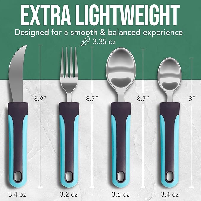 BUNMO Adaptive Utensils for Elderly, Arthritis, Weak Hand Grip & Handicapped - 4 Piece Set - Convenient Travel Pouch - Lightweight - Arthritis Gifts for Seniors Over 80 - Gifts for Disabled Adults