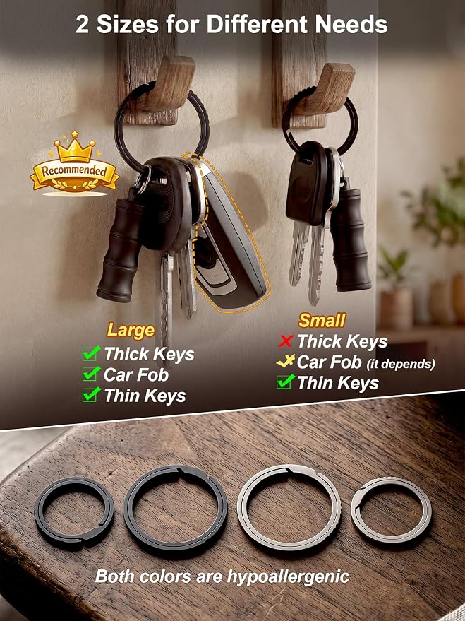 Titanium Key Rings Heavy Duty Easy Open Split Key Chain Rings | Side Push, No Nail Damage, Hypoallergenic, Anti-Slip Ultra Lightweight EDC Bulk Keyrings for Car Key Fob, Gift for Men Women