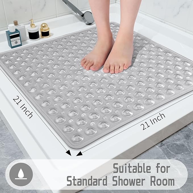 Yimobra Shower Bathtub Mat Non Slip, 21x21 Inch, Soft Square Bath for Tub with Suction Cups and Drain Holes, Stall Floor Mats Bathroom, Machine Washable, Bathroom Accessories, Clear Gray