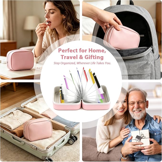 A8 Waterproof Pill Organizer, Waterproof Pill Pouch Set, Travel Medicine Organizers with 14 Color-Coded Pouches, Leakproof Reusable Zippered Storage Case, Compact Daily Pills Holder (Pink)