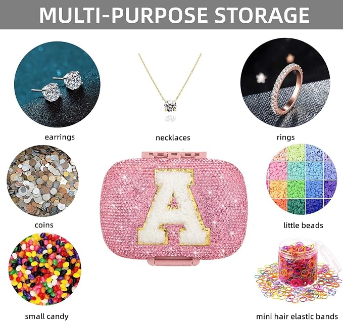 Cute Pill Organizer Small Bling Pill Case for Purse Medicine Vitamin Container Holder Daily Pill Box Container for Women Travel Medicine Kit(Letter A Pink)