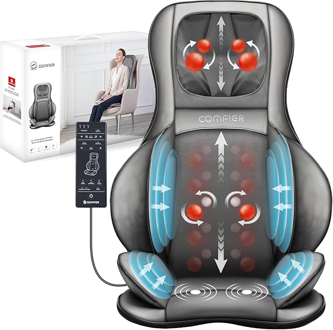 COMFIER Massager Chair with Heat, Shiatsu Neck Back Massager Portable with Compress & Rolling,Massage Chair Pad for Neck & Back,for Dad Mom Women Men
