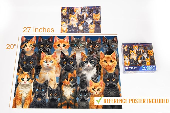 Adult Jigsaw Puzzle Cat Collage 1000 Piece | Colorful cats and kittens collage design, challenging and difficult. Great for game nights on a table, puzzleboard, or floor.