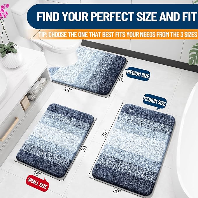 OLANLY Bathroom Rug Set 2 Piece, Soft Absorbent Microfiber Bath Mats and U-Shaped Contour Toilet Rug, Non-Slip, Machine Wash Dry, Plush Shaggy Bath Mats for Bathroom (24"x16"+U24 x20, Dark Blue)