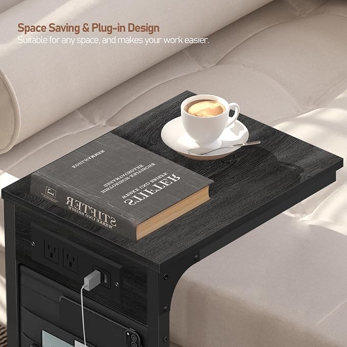TUTOTAK C Shaped End Table with Charging Station, Side Table for Sofa | Couch Table with Storage Bag, TV Tray with 2 USB Ports and Outlets, Living Room and Bedroom, Grey TB01BY024