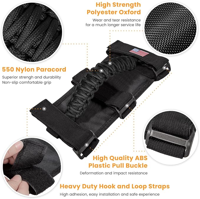 4 x Roll Bar Grab Handles Grip Handle for Jeep Wrangler JK JKU JL JLU TJ YJ Sport Sahara Freedom Rubicon Unlimited Gladiator JT 1955-2023 UTV ATV Premium Paracord Interior Accessories US Flag (Black)
