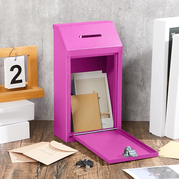 Yaocom Metal Money Box,Rose Red,10.24 x 5.71 x 2.95 Inch,No Lid | Wall Mounted Drop Donation Cash Box for Farm Stand Collection Safe Suggestion Box with Lock Container for Home Office Outdoor