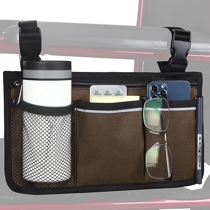 Wheelchair Side Bag, Armrest Storage Pouch with Cup Holder and Reflective Strip Use of Waterproof Fabric, for Most Wheelchairs, Walkers or Rollators (Coffee)