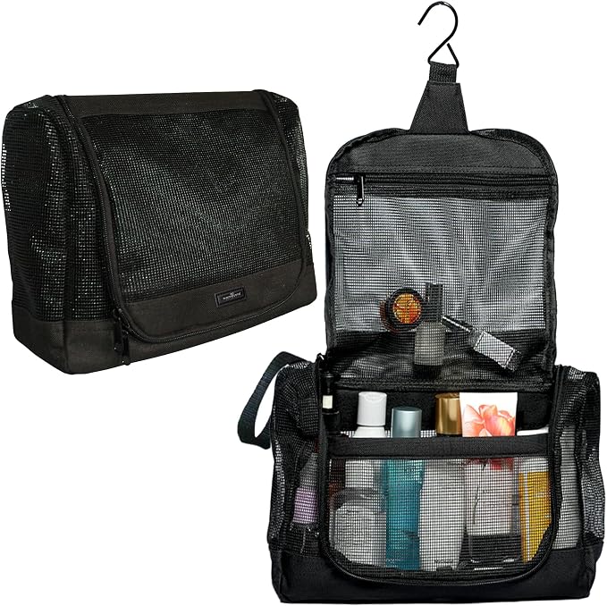 The Fine Living Portable Latex Mesh Shower Caddy Bag Hanging Black 12x3x8” | Gym Shower Caddy Tote bag, Hanging Organizer with Metal Hook, Dorm Room Essentials, Travel Toiletries, Camping RV Essentials