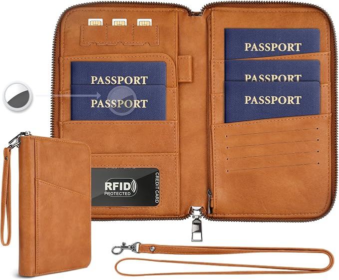 Family Passport Holder Wallet RFID Travel Document Organizer for Women Men, Portable Case Cover for Cards, Boarding Pass with Wrist & Neck Double Strap, Travel Gifts (Apricot, 1pack)