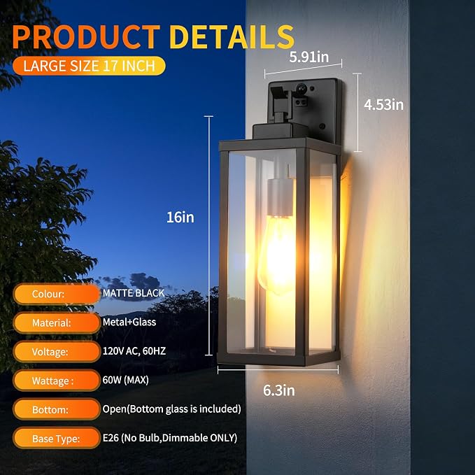 16 Inch Motion Sensor Dawn to Dusk Outdoor Sensor Light Fixture Anti-Rust Exterior Wall Lighting Waterproof Outdoor Wall Lantern for Porch Patio Front Door Garage