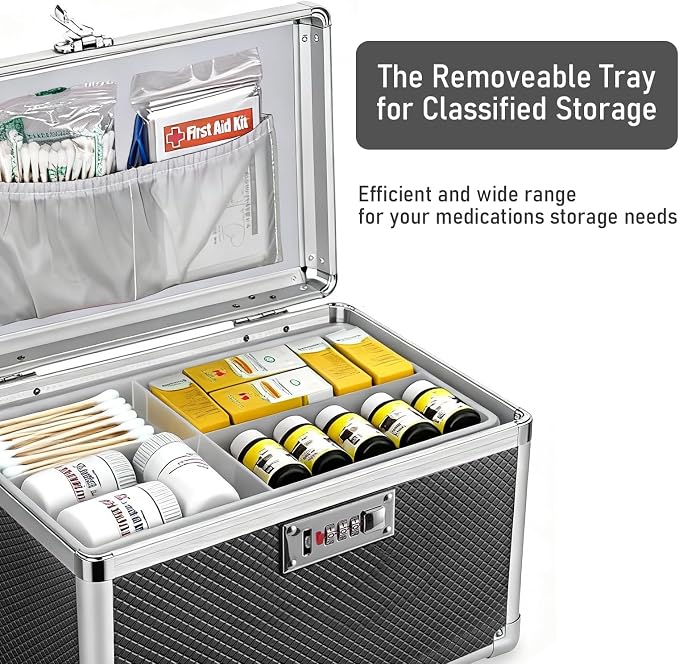 Medicine Box with Combination Lock - 10"x6"x6.7" First Aid Safe Medication Storage Case, Personal Items Safe Case for Hospital & Home & Outdoor 【Black】