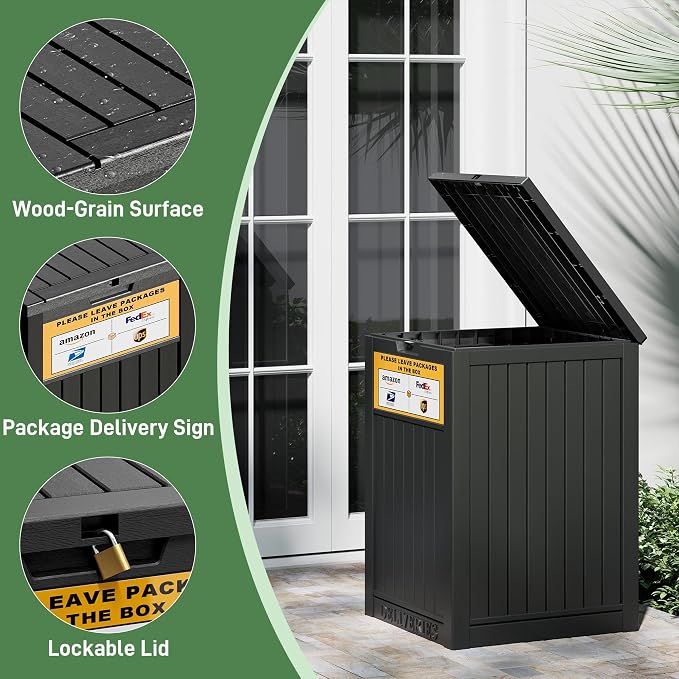 Package Delivery Box for Outside with Sign, Secure Lockable Waterproof Package Delivery Container, Resin Deck Box for Porch & Garden, Classic Black