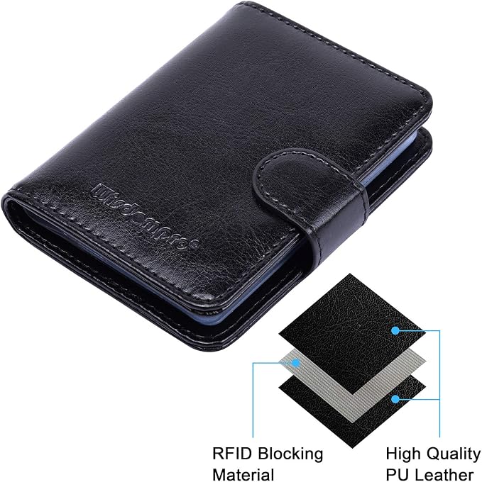 Wisdompro Credit Card Holder, RFID Blocking Wallet Debit Card Protector | Slim Leather Credit Card Organizer Case, Card Case with Magnetic Closure, 20 Card & 7 Memory Card Slots - Vertical Black