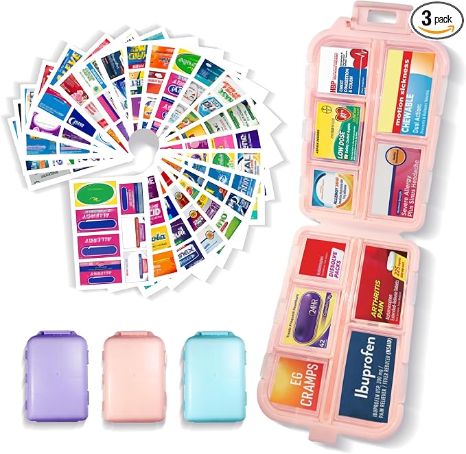 Pill Organizer 3 Pack with 146x3 Medicine Labels, Pink Blue Purple | Set of 3 travel pill cases with 10 compartments each and 146 medicine labels for 7-day planning, daily use, work, and trips