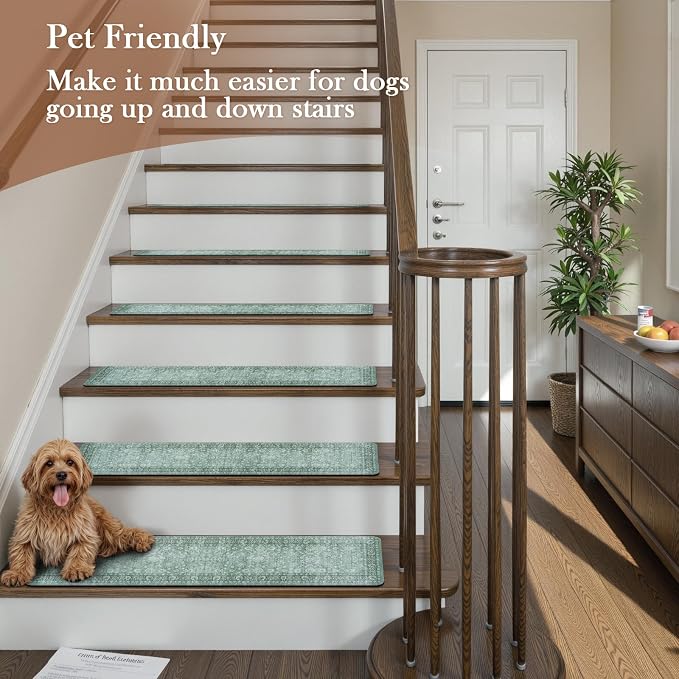 Vintage Stair Treads Non Slip Stair Runners for Wooden Steps 15PCS 8"x30" | Indoor Carpet Stair Treads for Wood Stairs Rubber Staircase Step Treads for Kids & Dogs, Stair Covers, Green