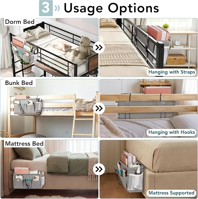 Bedside Caddy Storage Organizer for Bed Rails, Bed Caddy with 6 Pockets | Bedside Organizer with Fixed Straps and Hooks, Mattress Supported Versatile for Home, Dorm, Bunk, Hospital and Crib Bed