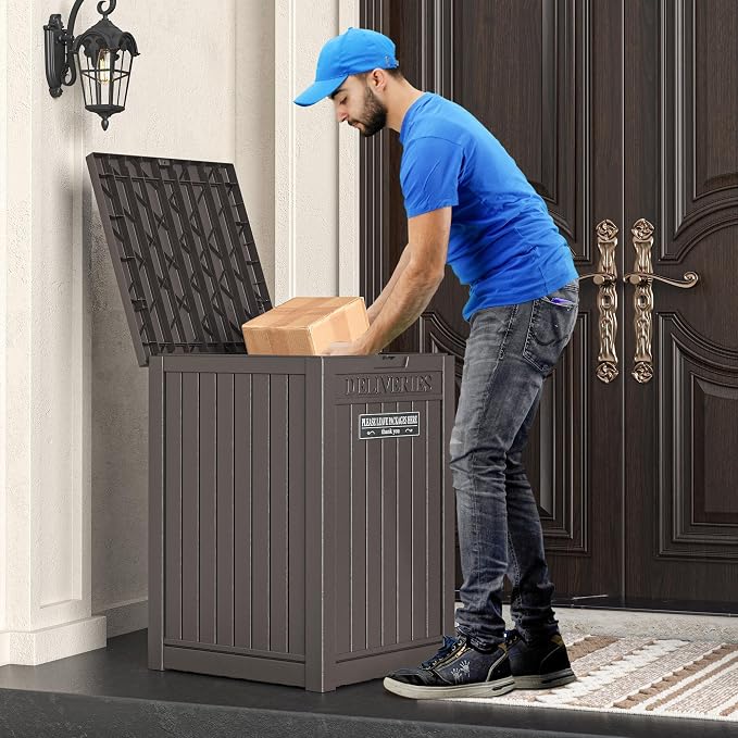Package Delivery Box for Outside with Sticker, 48 Gallon Storage with Lockable Secure, Large Double Wall Resin Outdoor Package Delivery Waterproof Deck
