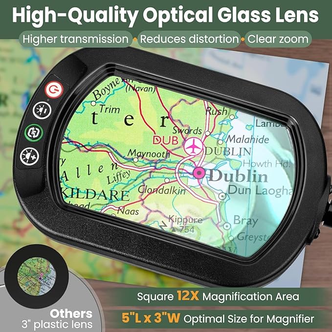 12X Magnifying Glass with Light and Stand, Rectangular Real Glass Lens, 5 Color Modes, Stepless Dimmable, 24" Flexible Gooseneck 3-in-1 Floor Lamp, Lighted Magnifier Hands Free for Craft Hobby Reading