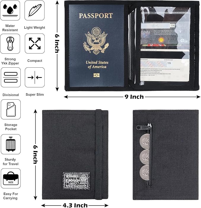 Rough Enough RFID Passport Holder, Travel Wallet for Family, Black | RFID blocking, Holds 4 passports & 3 Cards, Water-Resistant Cordura, Slim Compact Design, for Travel Documents Accessories
