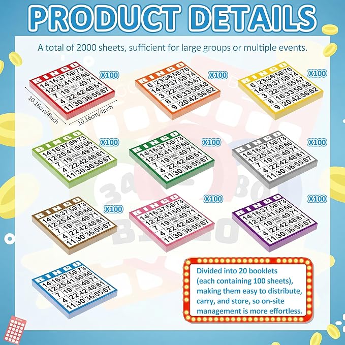 Harloon 1000 Sheets Bingo Paper Game Cards 20 Books 4"x4" Disposable Cards Suit for Family Game Nights Large Groups Activities (Multicolor)