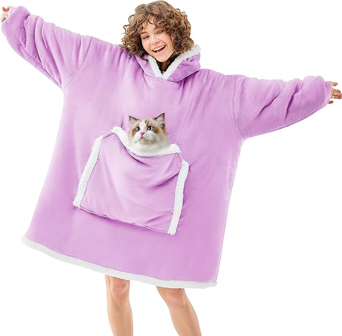 JOYWOO Purple Wearable Blanket Hoodie,Oversized Cat Lovers Sweatshirt Blanket for Adult & Teens, Birthday Gifts for Women Men Mom Girl Boys,Cozy Fuzzy Sherpa Blanket Giant Pocket Gifts,Purple Small