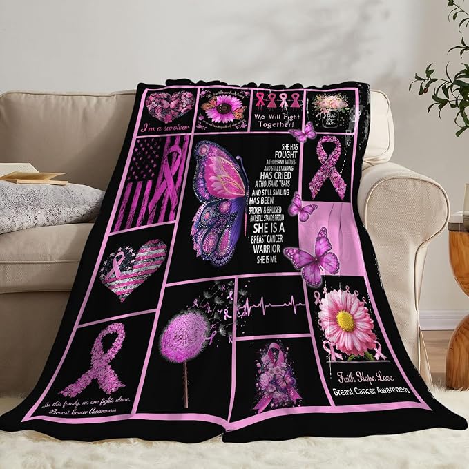 Breast Cancer Awareness Blanket Chemo Pink Ribbon Flannel Plush Throw Blanket Cozy Inspirational Warrior Decor Fleece Stuff Blanket Gifts for Lover Girls Boys Kids Adults Women Bed Travel 50"x60"