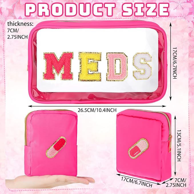 Hillban 2 Pcs Medicine Bag Chenille Letter Patch Meds Bags Travel Cases Preppy Clear Nylon Portable Makeup Bags Zipper Cosmetic Toiletry Storage for Women PVC Transparent Mini First Aid Bag(Lovely)