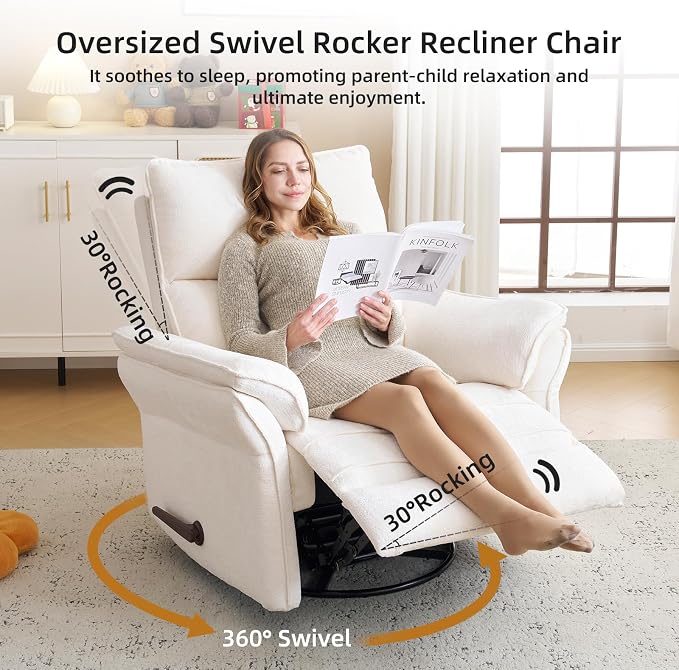 Oversized Recliner Chair, 24" Extra Wide 360° Swivel Rocker Recliner with Adjustable Headrest, Chenille Glider Rocking Nursery Chair with Overstuffed Armrest, Lumbar Support, White