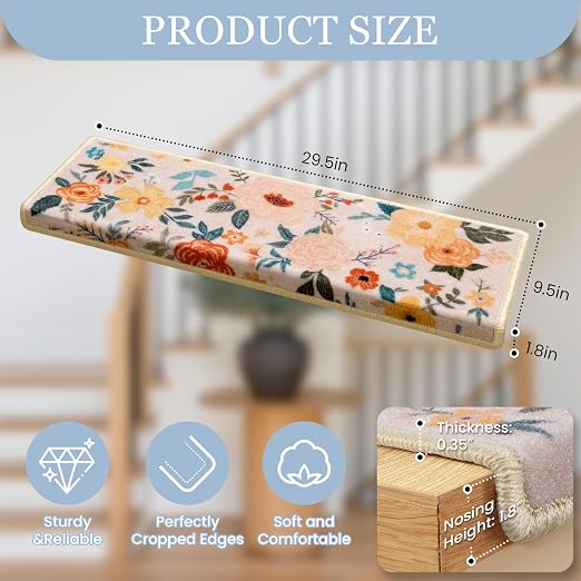RORA Bullnose Stair Treads for Wooden Steps, Non Slip Stair Carpet 14pcs | Washable, Self-Adhesive, Floral Stair Rug Runner with Edge Protection for Indoor, Pets & Elder, 29.5 x 9.5x 1.7, Pink
