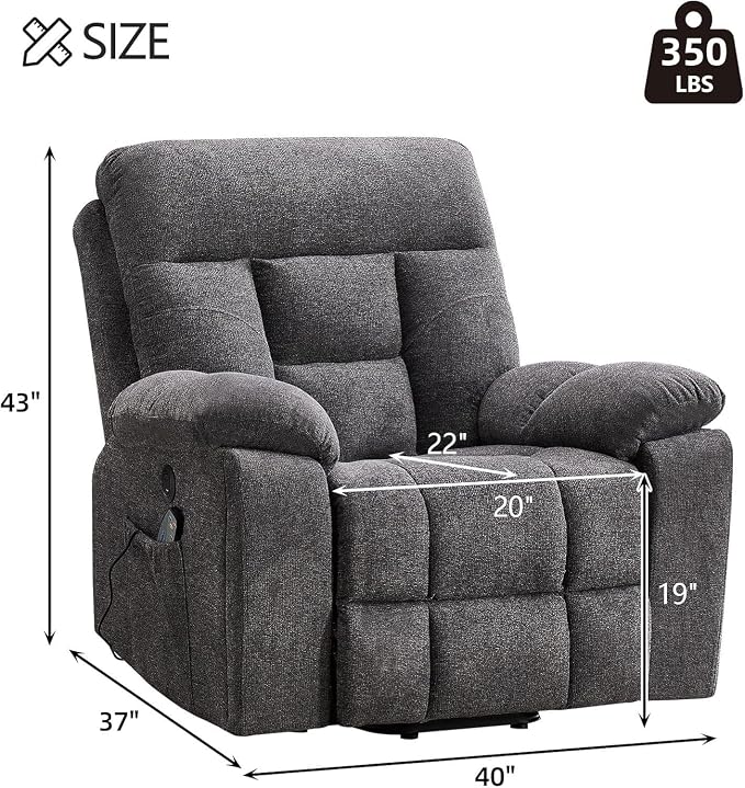 Large Power Lift Recliner Chair with Massage and Heat for Elderly Big and Tall People, Overstuffed Wide Recliners with 2 Cup Holders, Side Pocket and USB Port, Dark Grey