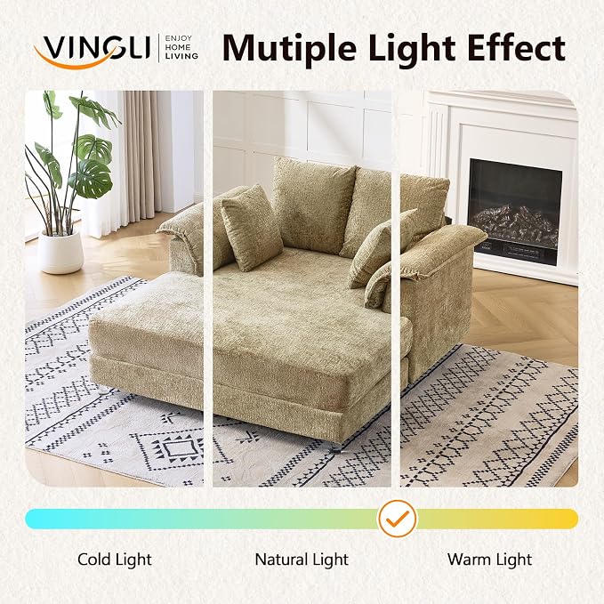 VINGLI Modern Floating Chaise Lounge Chair with LED Lights & Acrylic Legs, Upholstered Cushion Deep Seat Lounge Sofa with Iron-Wood KD Frame, Pillow Armrest Accent Chair for Living Room, Apartment