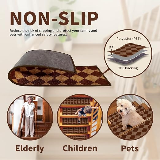 Non Slip Stair Treads for Wooden Steps, 1 Pack 30"x30" Washable Carpet | 30x30 in soft chenille polyester stair treads with reusable TPE backing for indoor wood stairs, dogs, kids, and seniors