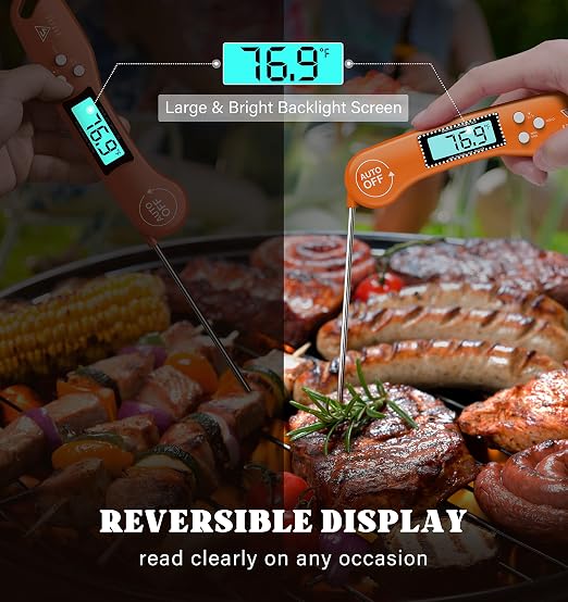 DOQAUS Digital Meat Thermometer, Instant Read Food Thermometer for Cooking | Backlit & Auto-Rotating Display, 4.6” Probe Perfect for Grilling, Baking, and BBQ Gift for Dad Men - Orange