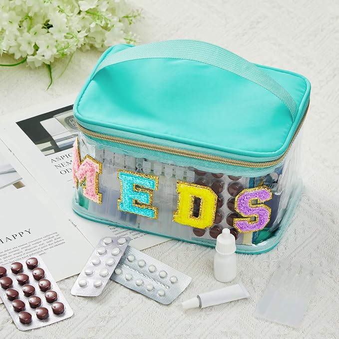 Geetery Chenille Letter Bag, Meds Cheer Travel Cases Cheerleader Gifts Cosmetic Bag Nylon Makeup Portable Preppy Patch with Zipper Toiletry Storage Case for Women(Green,Meds)