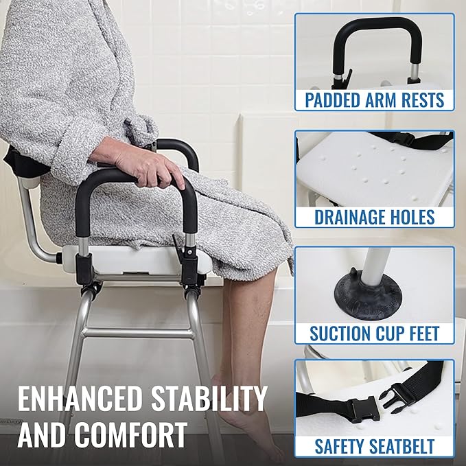 DMI 360 Max Comfort Swivel Shower Chair & Transfer Bench, Extra-Wide 360lb Capacity, Non-Slip & Padded Arms, Bonus Adjustable Back Scrubber