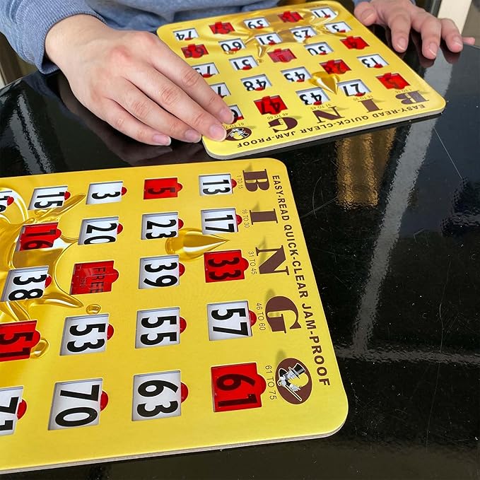 MR CHIPS Jam-Proof Easy-Read Quick-Clear Large Print Fingertip Slide Bingo Cards with Sliding Windows 50 Pack in Gold Rush Style