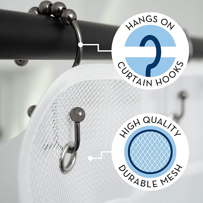 S&T INC. Shower Organizer and Caddy, 2 Pack, 14" x 30", White | Quick-Dry Mesh, 7 Pockets, Shower Caddy and Bathroom Organizer, Hangs on Existing Shower Curtain Hooks, Cruise Essential