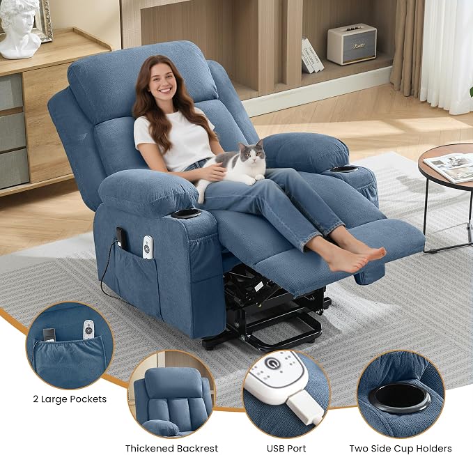 MAHOMICO Power Lift Recliner Chair for Elderly with Vibration Massage and Lumbar Heating Electric Oversized Single Sofa with Cup Holder and USB Charge Port for Living Room