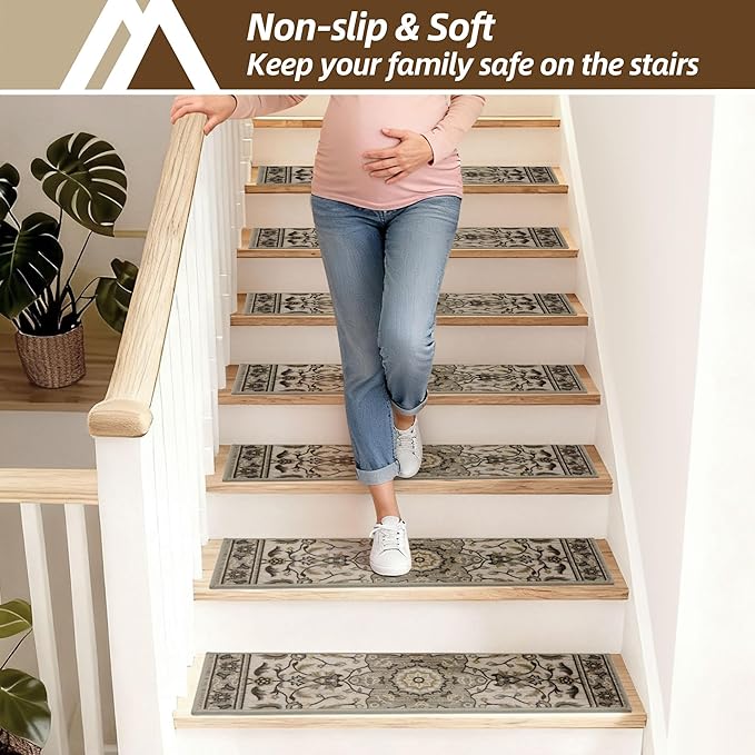 COSY HOMEER Stair Treads for Wooden Steps Indoor with TPE Backing,15Pcs | Non-Slip Carpet Stair Treads, Soft Peel and Stick Stair Runners,Pet-Friendly Stair Runner Washable Reusable,Floral Gray