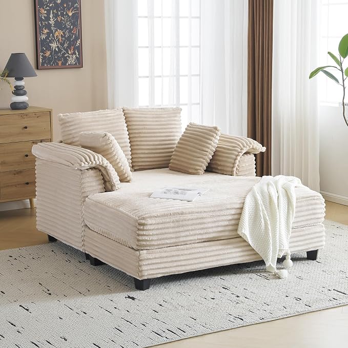 VINGLI 56" Oversized Chaise Lounge Chair, Beige Comfy Corduroy Chaise Sofa Recliner Bed Upholstered Sleeper Couch Bed with Throw Pillows and Armrests for Living Room, Movie Room, Bedroom
