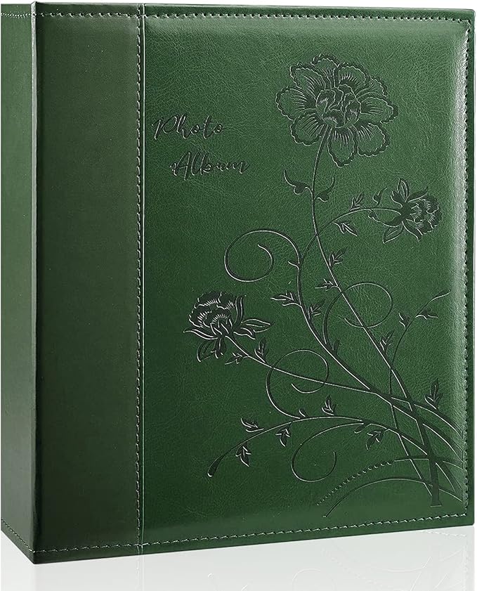 Photo Album 8x10 Clear Pages Pockets Leathe Cover Slip Slide in Photo Album Holds 50 Vertical 8x10 Photos Picture Book for Wedding Family (Dark Green)