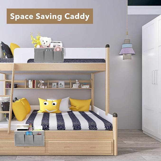 Kanrichu Bedside Caddy Hanging Storage Bag, Organizer Baskets with Pockets for Bunk Bed Accessories, Loft & Dorm Rooms Chair Bed Rails (White-2pcs)