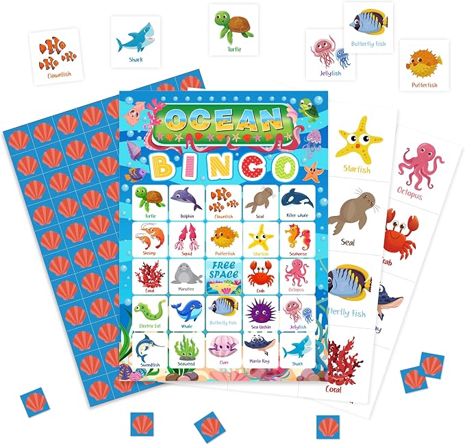 Ocean Bingo Game Cards, Ocean Animals Bingo Games for Adults, Under The Sea Bingo Cards Supplies, Underwater Birthday Party Decor Favors, Card Gifts for Friends Family Holiday, (Ocean)