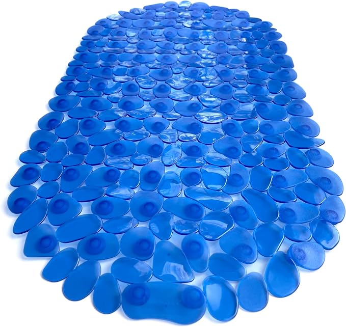 “Pebbles” Non-Slip Bathtub & Shower Mat 27”x14” Oval - Non-Toxic - Safe, Clean, Machine-Washable, Superior Grip & Drainage, Vinyl, for Smooth Floors ONLY, Transparent Blue
