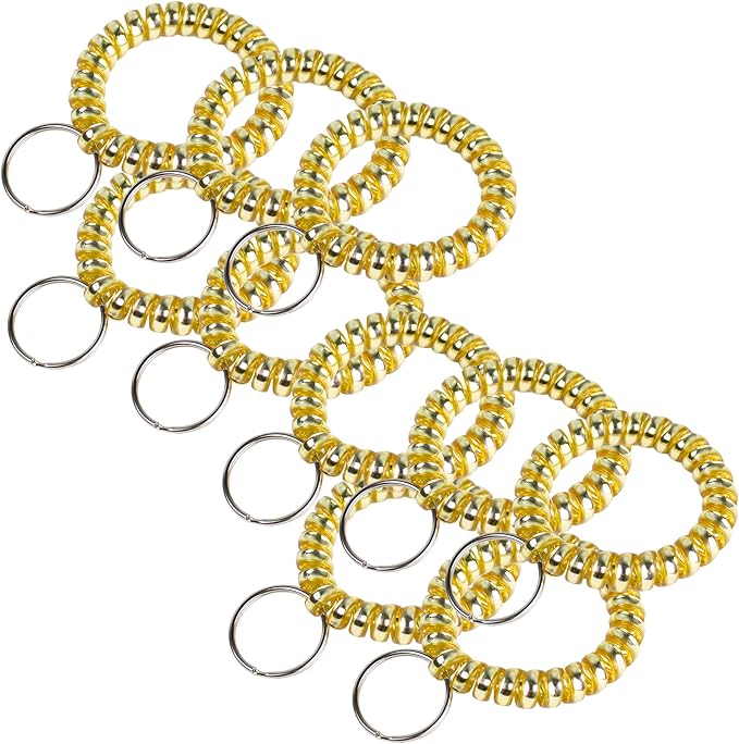 Lucky Line 2” Diameter Spiral Wrist Coil with Steel Key Ring, Flexible Wrist Band Key Chain Bracelet, Stretches to 12”, Gold, 10 Pack (41081)