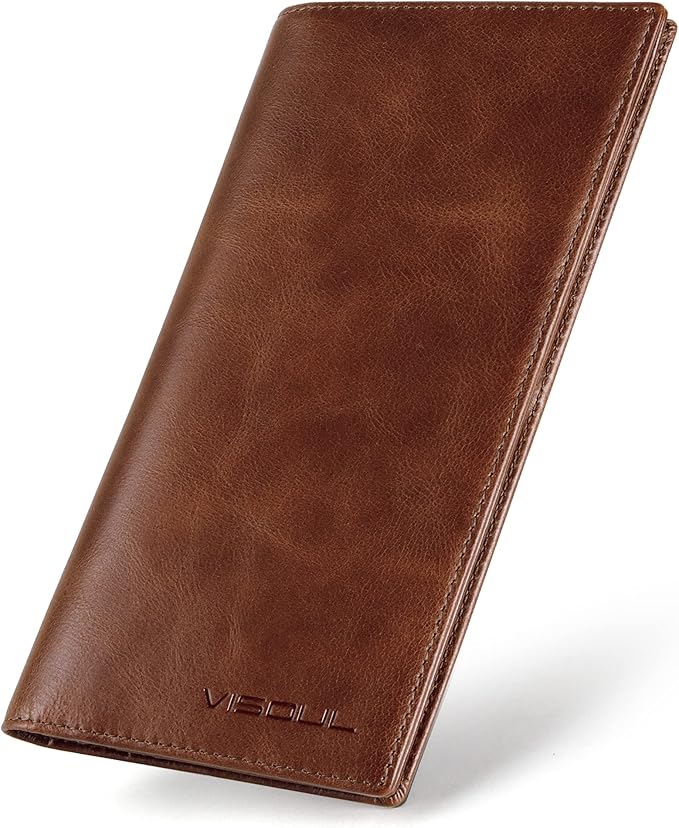 VISOUL Leather Checkbook Cover Wallet for Men with RFID Blocking, Mens Long Bifold Cash Tall Wallet with 11 Credit Card Slots 1 ID Window (Brown)