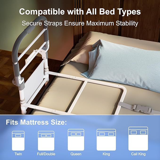 Bed Rails for Elderly Adults Safety Foldable Bed Assist Rail with Adjustable Height, Non-Slip Handle, Motion Sensor Light & Storage Pouch, Fits King Queen Full Twin Beds, Supports 350 LBS