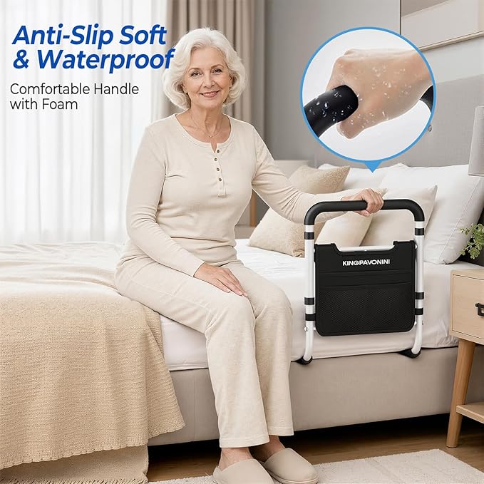 KingPavonini Bed Rails for Elderly Adults Safety, 380 LBS, Model BM03-1 | ASTM Approved, 2026 Upgraded Adjustable Bed Cane, Non-Slip Ergonomic Handle & Storage Bag, Tool-Free Bed Railings for Seniors