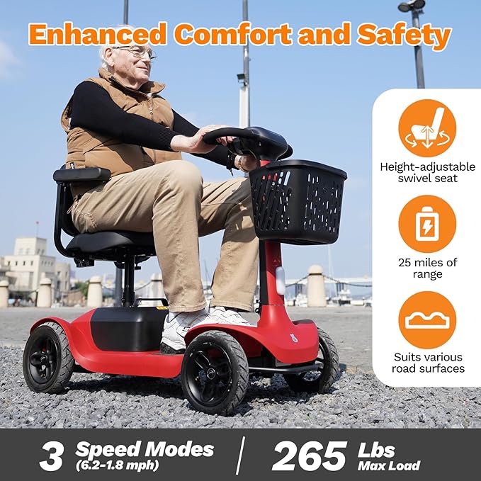 S1 Folding 4-Wheel Mobility Scooter for Seniors – 25-Mile Range, 6.2 mph, All-Terrain Electric Scooter with Adjustable Swivel Seat, 265 lb Capacity, Removable 24V 20Ah Battery – Red